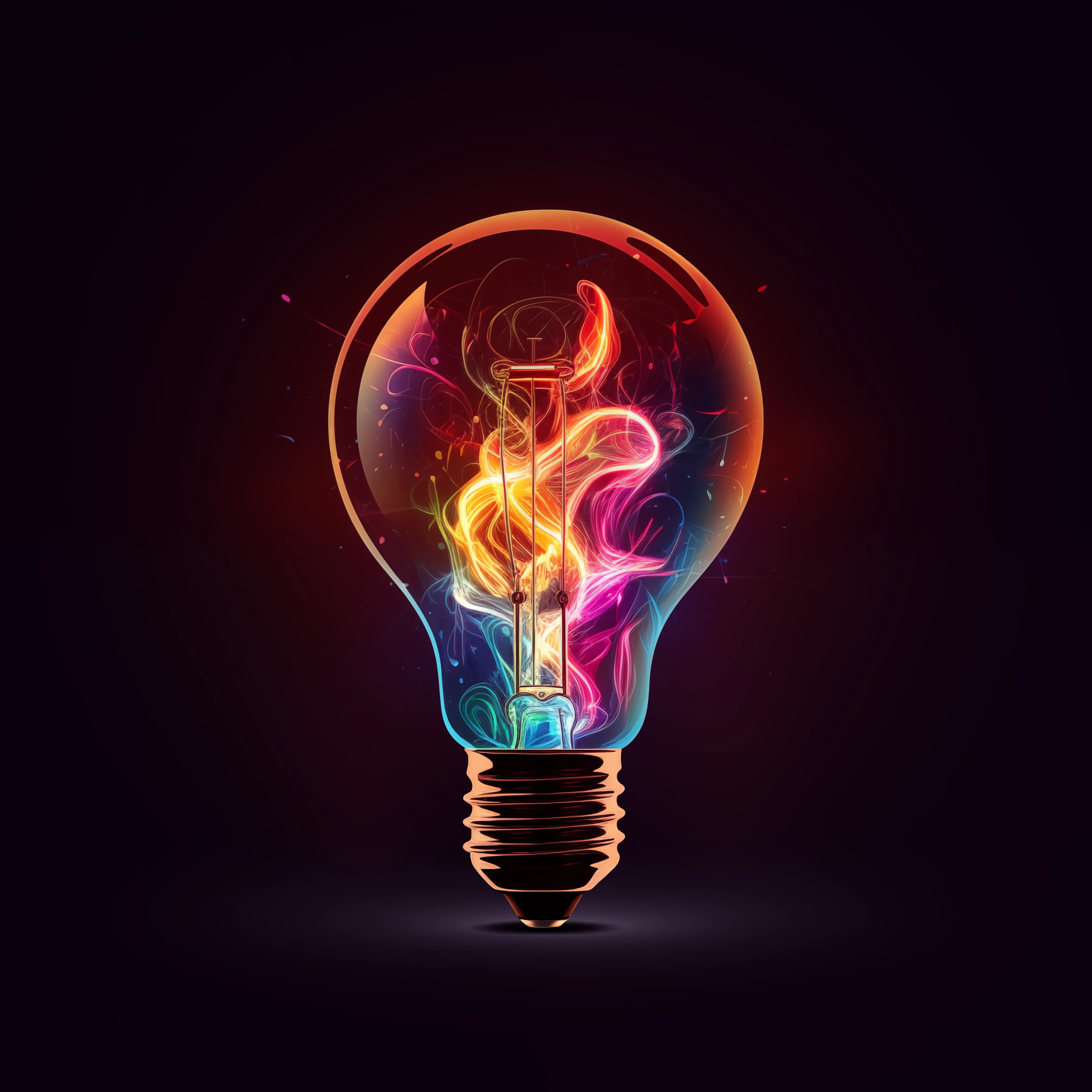 A glowing light bulb with a vibrant flame, reminiscent of a rainbow, displayed on a black background.