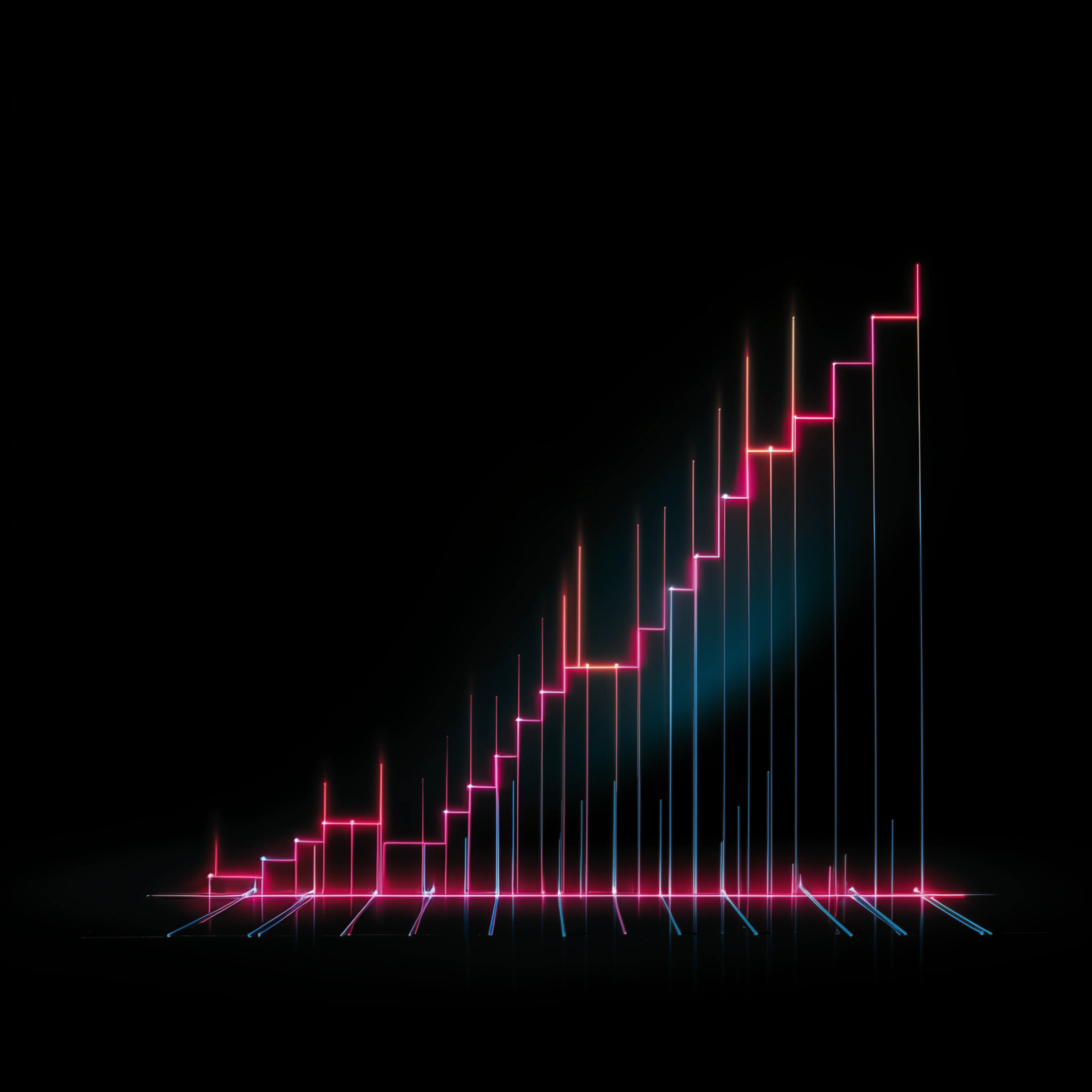 A 3D line graph illuminated by neon lights, presented on a dark background.